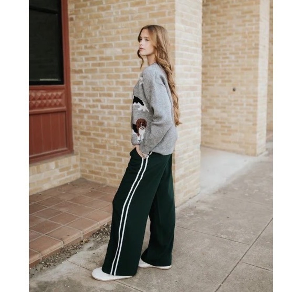 Z Supply Saunder Wide Leg Side Stripe Track Pants Hunter Green White Size Large